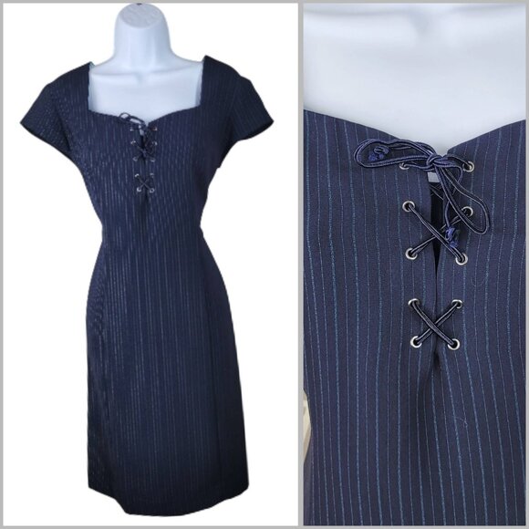 Vintage Sheath Suit Dress Size 8 Alt party Lace Up Navy Pin Stripe Career Goth - Picture 1 of 5